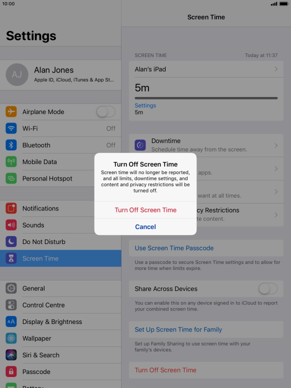 Press Turn Off Screen Time.