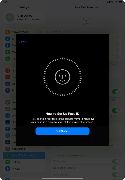 Press Get Started and follow the instructions on the screen to set up Face ID.