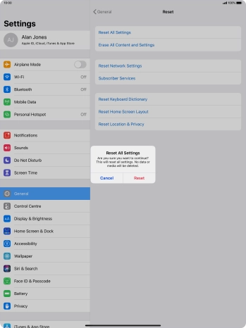 Press Reset. Wait a moment while the factory default settings are restored. Follow the instructions on the screen to set up your tablet and prepare it for use.