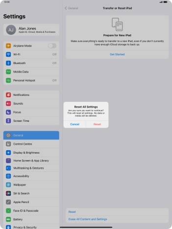 Press Reset. Wait a moment while the factory default settings are restored. Follow the instructions on the screen to set up your tablet and prepare it for use.