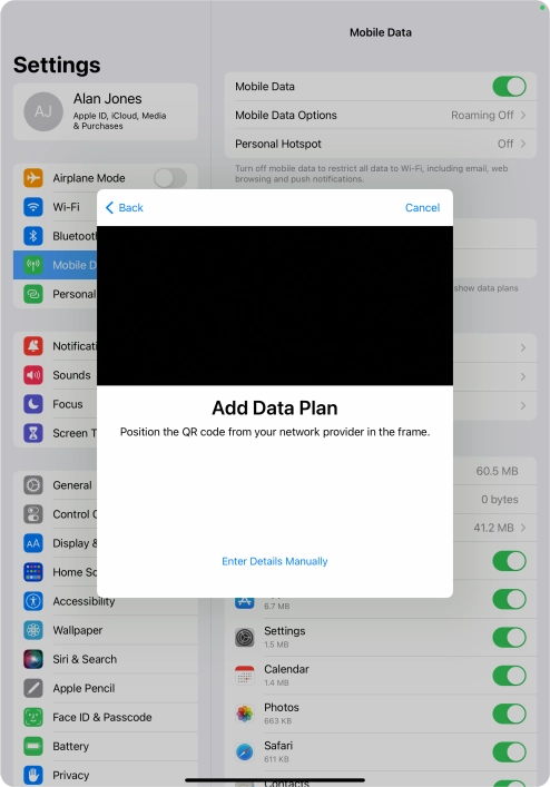 Place the QR code you've received inside the tablet camera frame to scan the code.
