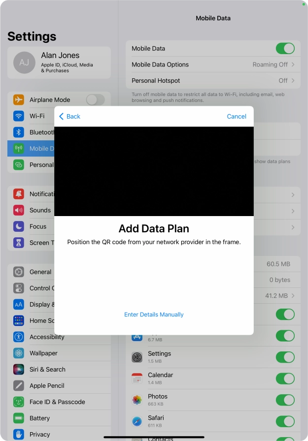 Place the QR code you've received inside the tablet camera frame to scan the code.