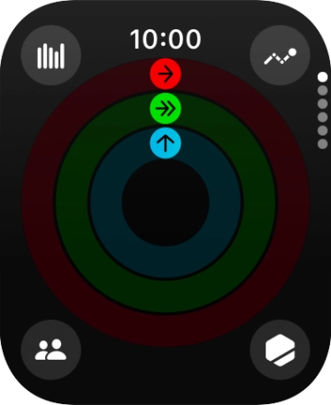 The screen will tell you how far you are from completing your daily activity goals. When the coloured rings are closed, you've reached the goals of your daily activity.