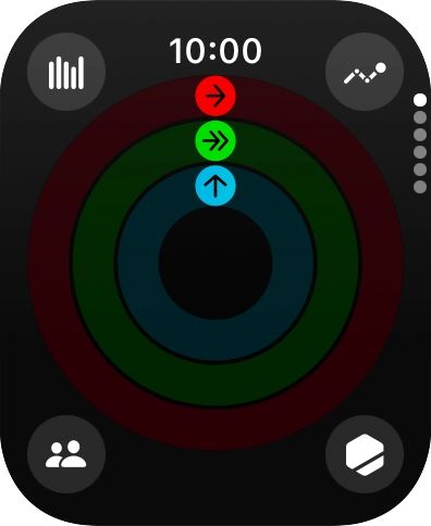 The screen will tell you how far you are from completing your daily activity goals. When the coloured rings are closed, you've reached the goals of your daily activity.