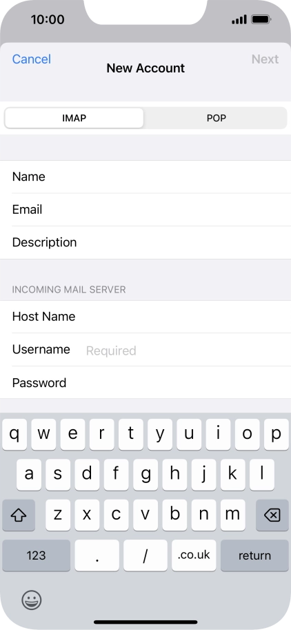 Press Username and key in the username for your email account.