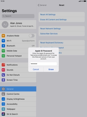 Key in the password for your Apple ID and press Erase. Wait a moment while the factory default settings are restored. Follow the instructions on the screen to set up your tablet and prepare it for use.