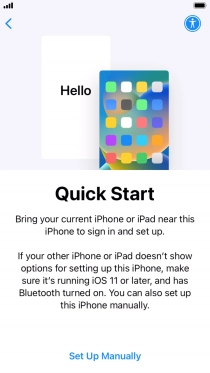 Follow the instructions on the screen to transfer content from another device running iOS 11 or later or press Set Up Manually.
