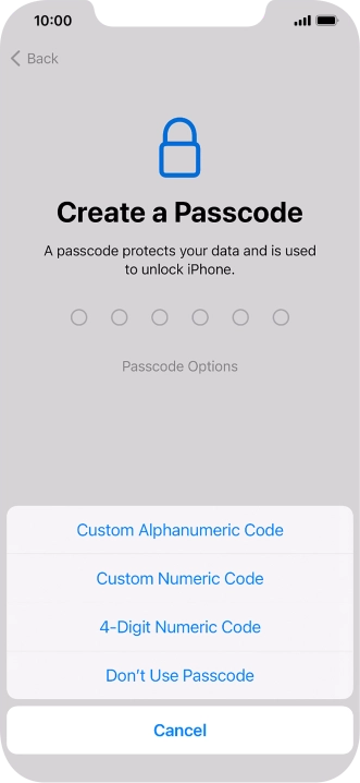 Follow the instructions on the screen to turn on use of phone lock code or press Don't Use Passcode.