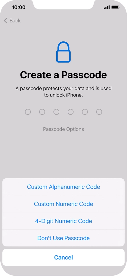 Follow the instructions on the screen to turn on use of phone lock code or press Don't Use Passcode.