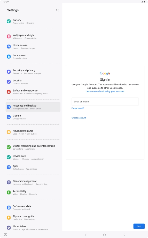 If you don't have a Google account, press Create account and follow the instructions on the screen to create an account.