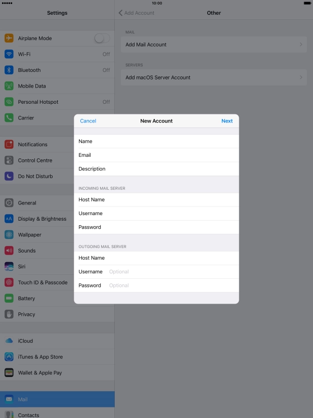 Press Username and key in the username for your email account.