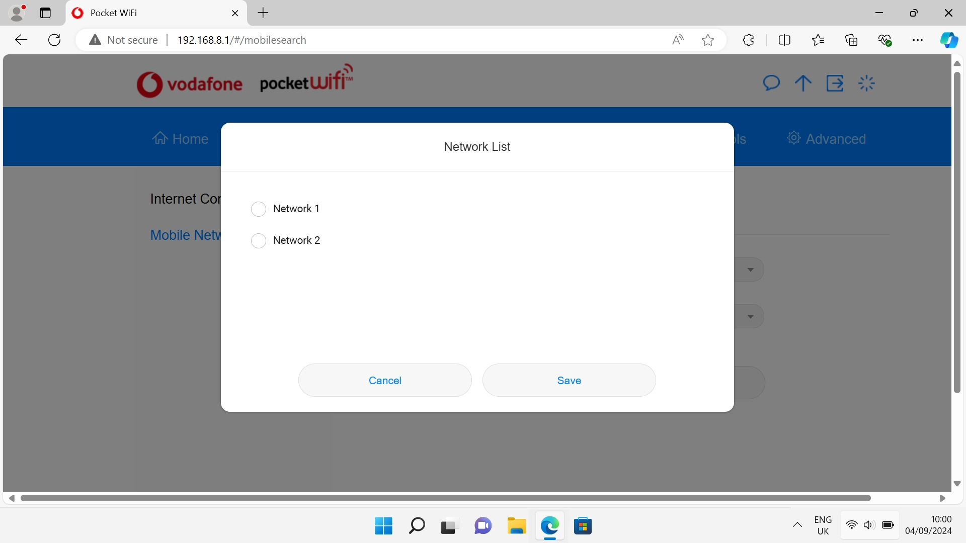 Click the field next to the required network.