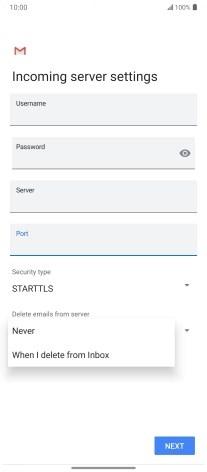 Press Never to keep email messages on the server when you delete them on your phone.