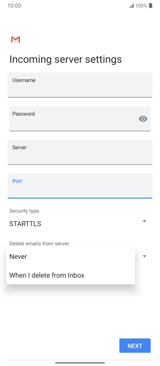 Press Never to keep email messages on the server when you delete them on your phone.