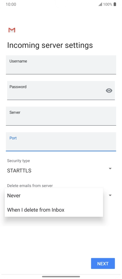 Press Never to keep email messages on the server when you delete them on your phone.