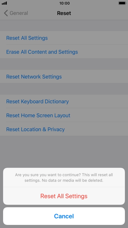 Press Reset All Settings. Wait a moment while the factory default settings are restored. Follow the instructions on the screen to set up your phone and prepare it for use.