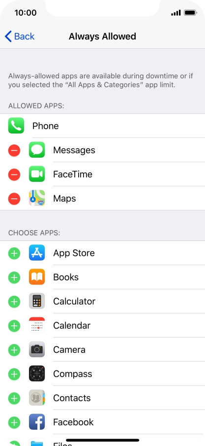 Press the add icon next to the required app to add it to the list of allowed apps during Downtime.