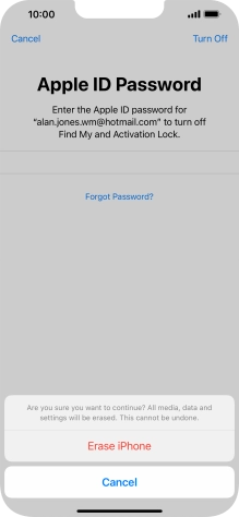 Key in the password for your Apple ID and press Erase iPhone. Wait a moment while the factory default settings are restored. Follow the instructions on the screen to set up your phone and prepare it for use.