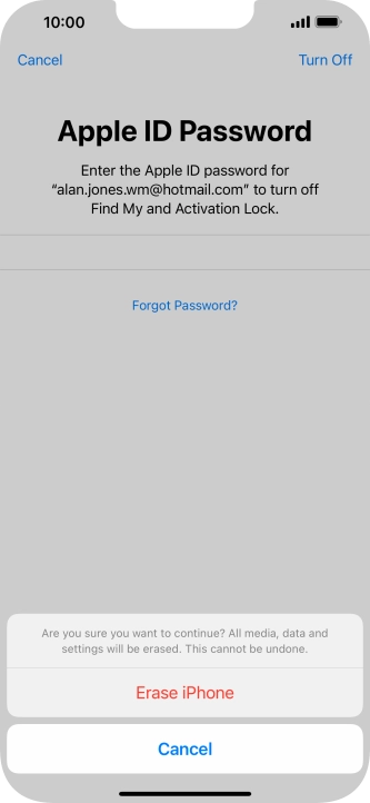 Key in the password for your Apple ID and press Erase iPhone. Wait a moment while the factory default settings are restored. Follow the instructions on the screen to set up your phone and prepare it for use.