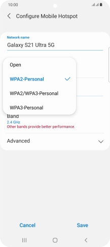 Press WPA2-Personal to password protect your Wi-Fi hotspot.