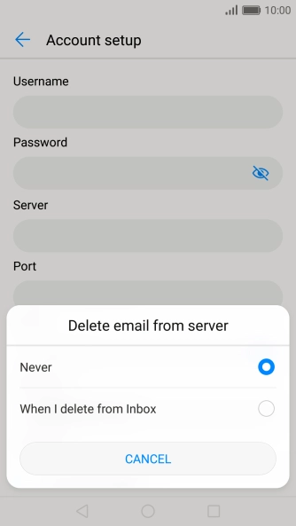 Press Never to keep email messages on the server when you delete them on your phone.
