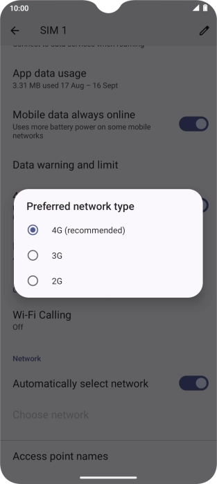 Press the required network mode.