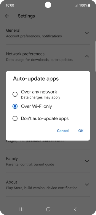 To turn on automatic update of apps using mobile network, press Over any network.