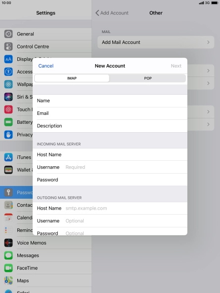 Press Username and key in the username for your email account.