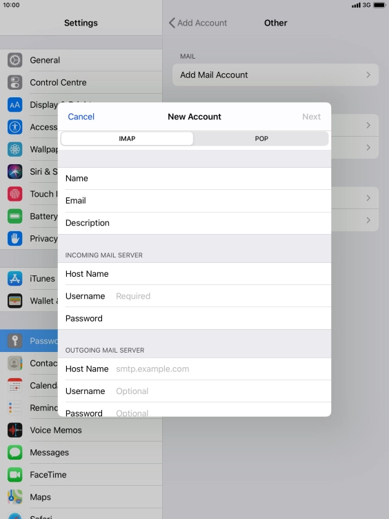 Press Username and key in the username for your email account.