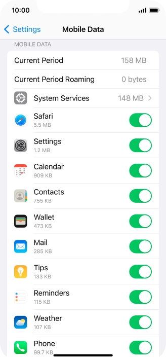 The data usage for each application is displayed below the name of the application.
