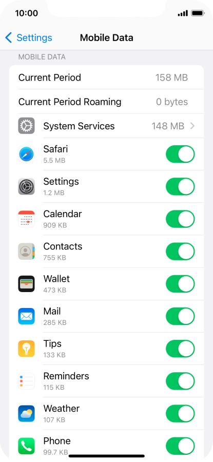 The data usage for each application is displayed below the name of the application.