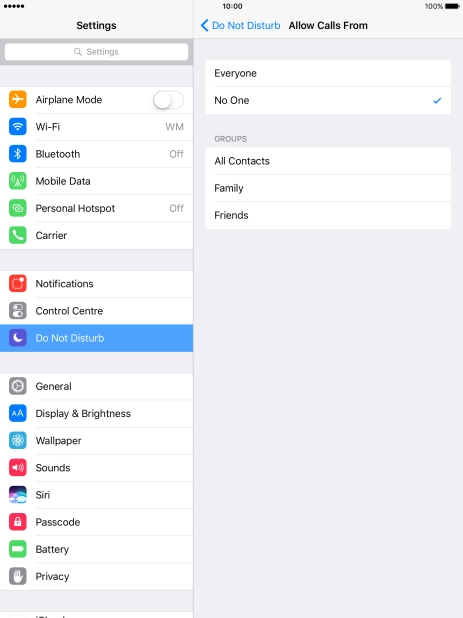 Press the required setting to select which contacts can call you even though Do Not Disturb is turned on.
