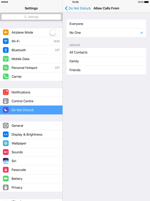 Press the required setting to select which contacts can call you even though Do Not Disturb is turned on.