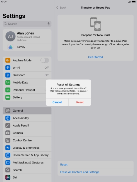 Press Reset. Wait a moment while the factory default settings are restored. Follow the instructions on the screen to set up your tablet and prepare it for use.
