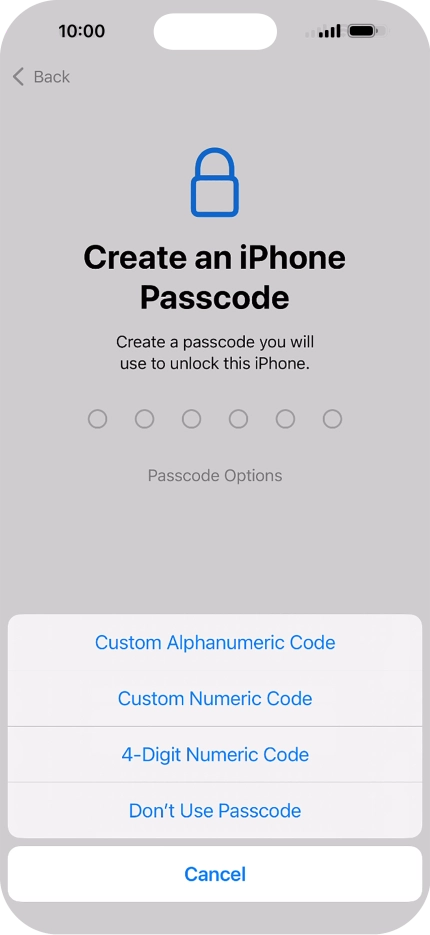 Follow the instructions on the screen to turn on use of phone lock code or press Don't Use Passcode.