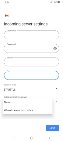 Press Never to keep email messages on the server when you delete them on your phone.