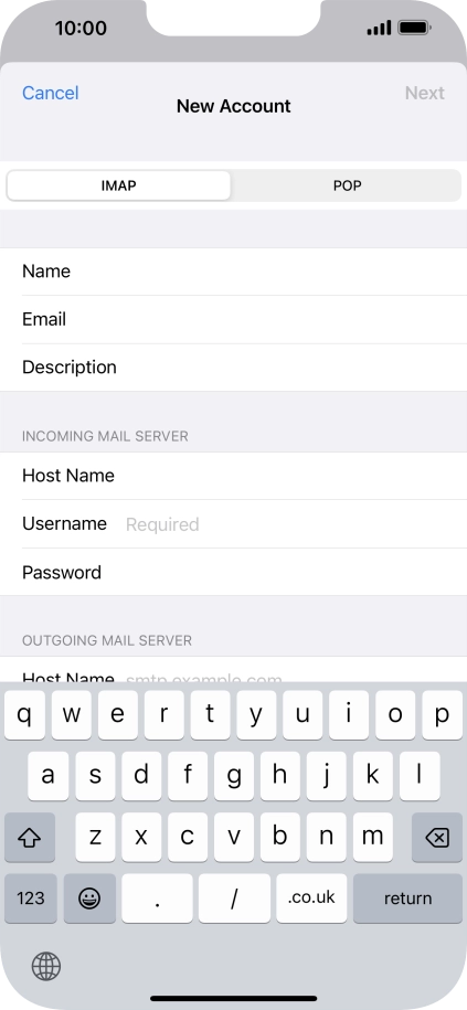 Press Username and key in the username for your email account.