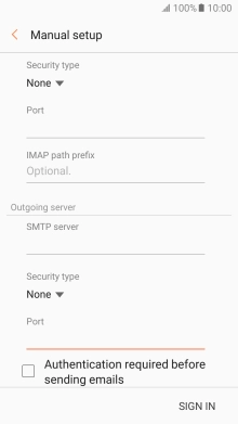Press Authentication required before sending emails to turn the function on or off. Please note that if you're using Vodafone's outgoing server, turn off SMTP authentication and leave the username and password fields empty.
