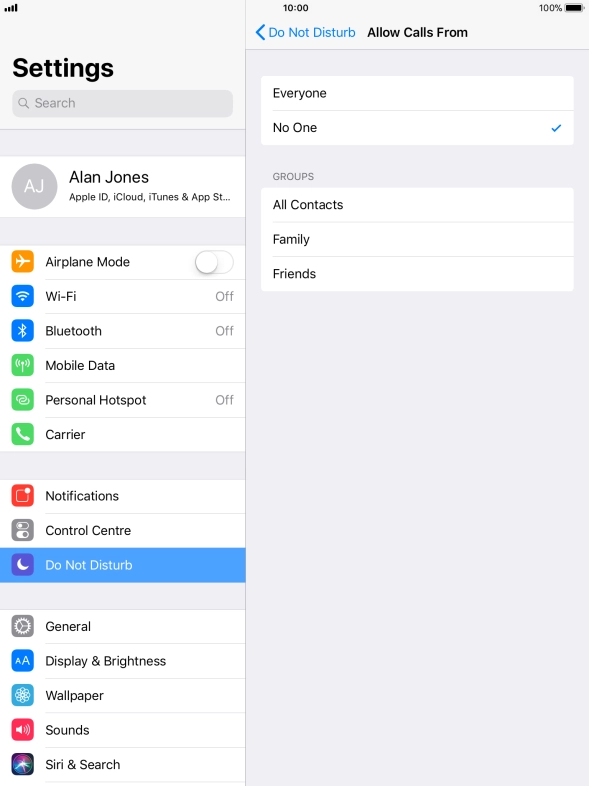 Press the required setting to select which contacts can call you even though Do Not Disturb is turned on.
