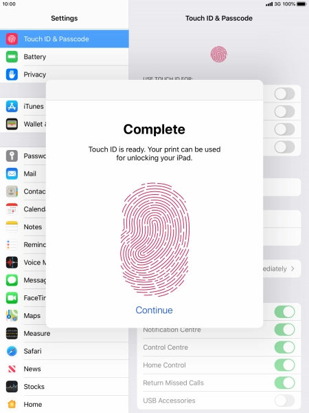 Press Continue. If you haven't previously selected a lock code, key in a code of your own choice twice.