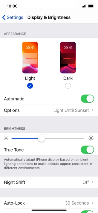 If you turn on the function, press Options and follow the instructions on the screen to select the required period of time for Dark Mode.
