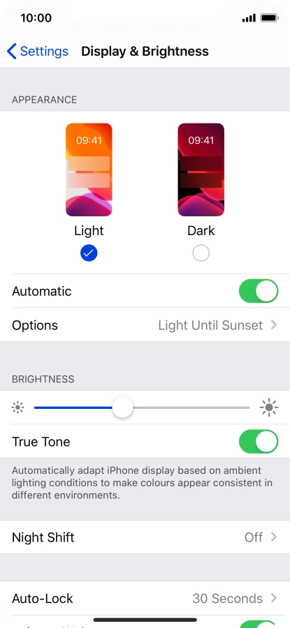 If you turn on the function, press Options and follow the instructions on the screen to select the required period of time for Dark Mode.