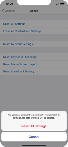 Press Reset All Settings. Wait a moment while the factory default settings are restored. Follow the instructions on the screen to set up your phone and prepare it for use.