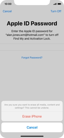 Key in the password for your Apple ID and press Erase iPhone. Wait a moment while the factory default settings are restored. Follow the instructions on the screen to set up your phone and prepare it for use.