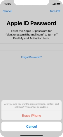 Key in the password for your Apple ID and press Erase iPhone. Wait a moment while the factory default settings are restored. Follow the instructions on the screen to set up your phone and prepare it for use.