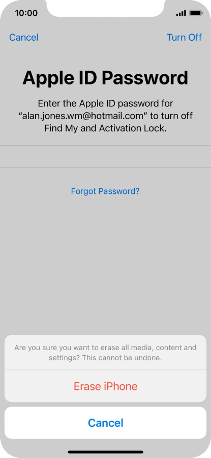 Key in the password for your Apple ID and press Erase iPhone. Wait a moment while the factory default settings are restored. Follow the instructions on the screen to set up your phone and prepare it for use.