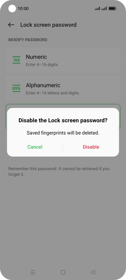 Press Disable and key in the additional phone lock code you created earlier.