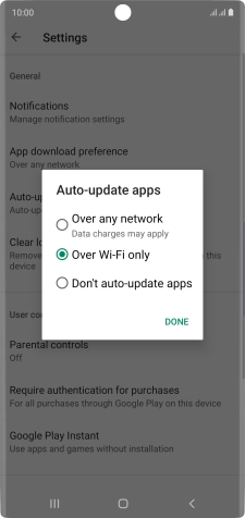 To turn on automatic update of apps using mobile network, press Over any network.
