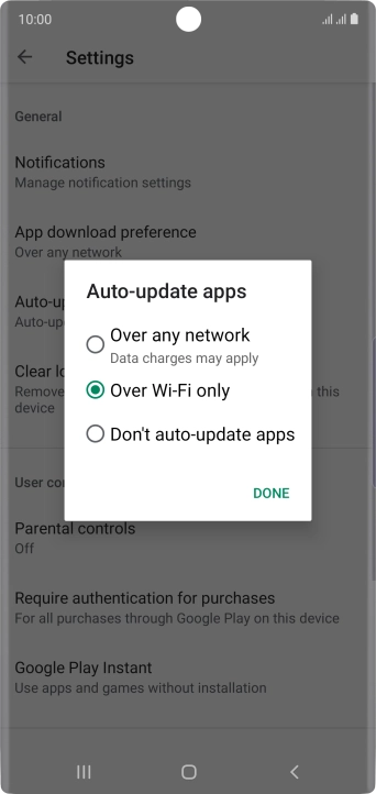 To turn on automatic update of apps using mobile network, press Over any network.
