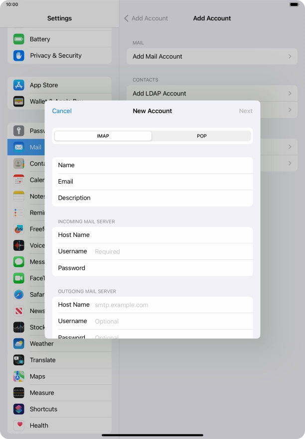 Press Username and key in the username for your email account.